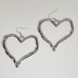 Silver Tone Heart 2.25" Earrings